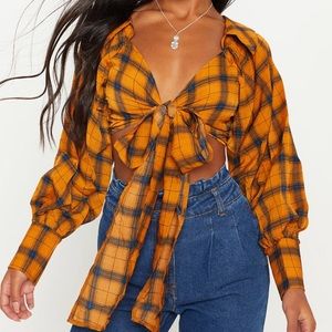 Orange Check Tie Front Shirt